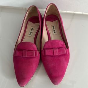 BNIB Miu Miu Fuchsia hot pink suede crystal heel bow loafers flats shoes